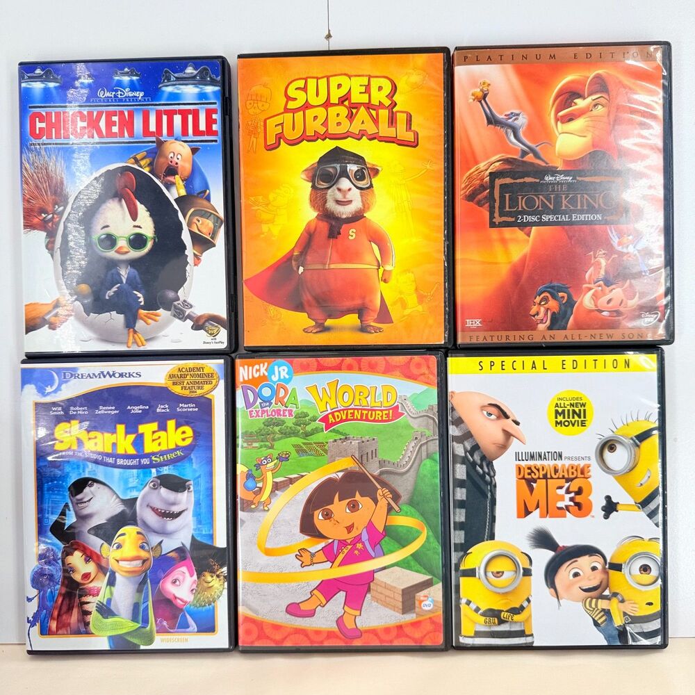 6 DVD Kids Movie Lot Lion King Despicable Me 3 Shark Tale Chicken Little